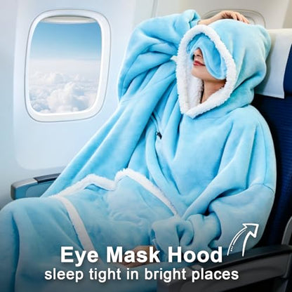 IFNOW Wearable Blanket Hoodie, Oversized Sherpa Fleece Hooded Sweatshirt with Eye Mask, Cozy and Giant Blanket Hoodie with Sleeves Extra Long for Adults Men Women, Skyblue - color: Skyblue, size: Adult