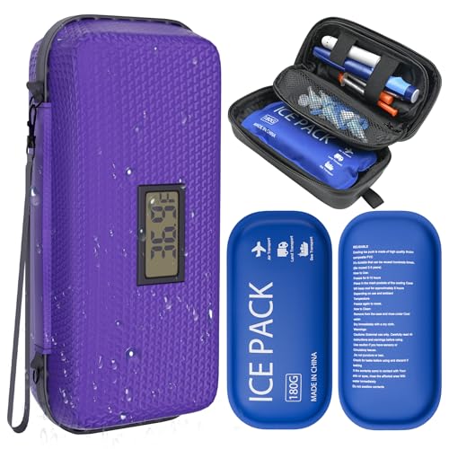 Insulin Cooler Travel Case TSA Approved Diabetic Medicine Cooling Bag with Digital Temperature Display, 2 Ice Pack - color: Purple