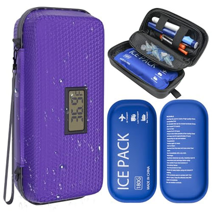 Insulin Cooler Travel Case TSA Approved Diabetic Medicine Cooling Bag with Digital Temperature Display, 2 Ice Pack - color: Purple