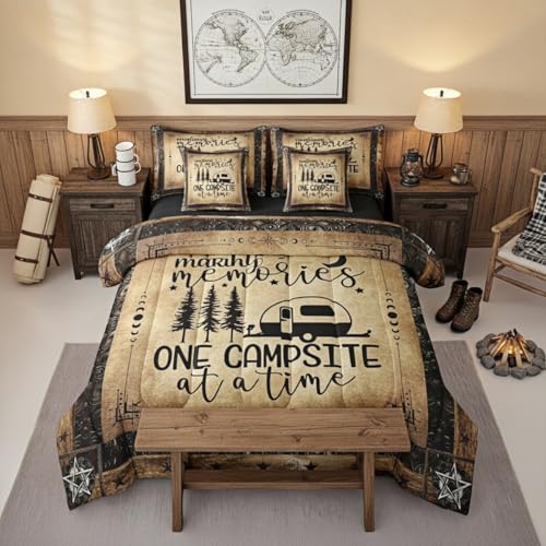 Erosebridal Camper Comforter Set 7 Pieces Bed in A Bag Queen Size, Happy Camping Comforter Rv Decorations for Inside, Vintage Rustic Farmhouse Sheet Set, Sun Moon Starry Sky Bedding Sets, Reversible - color: Black Brown, size: Queen