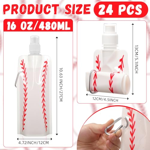 LemonRoad 24 Pack Baseball Collapsible Water Bottles Bulk 16 oz Baseball Foldable Water Bottles with Carabiner Reusable Drinking Leak Proof Container Bags for Sports Party Biking Hiking Travel Outdoor