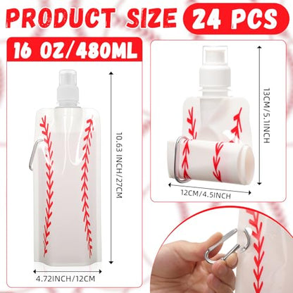 LemonRoad 24 Pack Baseball Collapsible Water Bottles Bulk 16 oz Baseball Foldable Water Bottles with Carabiner Reusable Drinking Leak Proof Container Bags for Sports Party Biking Hiking Travel Outdoor