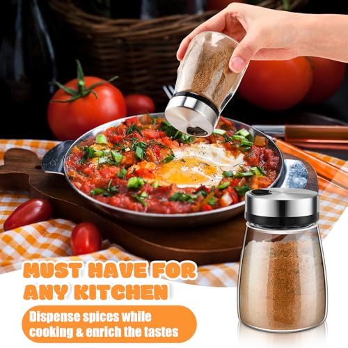 Zhehao 6 Pcs Salt Pepper Shakers Set with Adjustable Pour Holes Stainless Steel Spice Dispenser 6oz Clear Glass Seasoning Containers for Kitchen Restaurant Home BBQ Camping Farmhouse Accessories