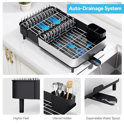 Urackify Dish Drying Rack - Dish Drainer for Kitchen Counter, Stainless Steel Dish Rack with Swivel Draining Spout & Drain Board, Expandable Space-Saving Kitchen Dish Organizer for 3-4 People, Black - color: Black