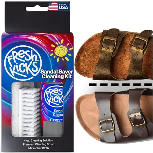 FRESH KICKS Sandal Saver Kit, 4 oz Bottle, Brush & Microfiber Cloth – Deep-Clean Sandals & Various Footwear – Removes Dirt, Odor, Protects Color & Leather Cork EVA – Triple-Action Shoe Cleaner Kit