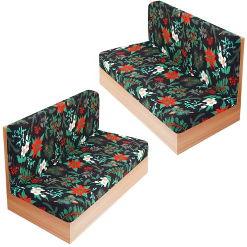 RV Dinette Cushion Covers Set of 2, Printed Camper Cushion Slipcovers, Washable Anti Slip Stretch Fabric, Christmas Flower - color: Black Green, size: 2 Bench Cover & 2 Backrest Cover