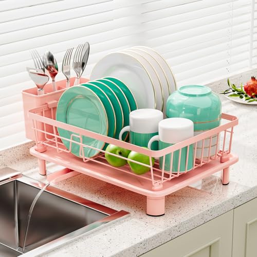 GAOKASE Dish Drying Rack, Stainless Steel-Dish Rack, Dish Racks for Kitchen Counter, Kitchen Dish Drainers with Removable Utensil Holder,New Drain Outlet,Plate Rack and Drainboard,(Pink-11 W x 15" L) - color: Pink