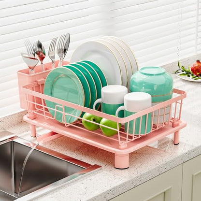 GAOKASE Dish Drying Rack, Stainless Steel-Dish Rack, Dish Racks for Kitchen Counter, Kitchen Dish Drainers with Removable Utensil Holder,New Drain Outlet,Plate Rack and Drainboard,(Pink-11 W x 15" L) - color: Pink