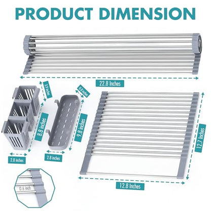 Havenity™ Expandable Roll Up Dish Drying Rack for Small Sinks - Expandable 12.8 to 22.8 Inch Over Sink Rack, Fits Apartments, RVs and Office Kitchens, Stainless Steel, 2 Baskets - size: Dish Drying Rack
