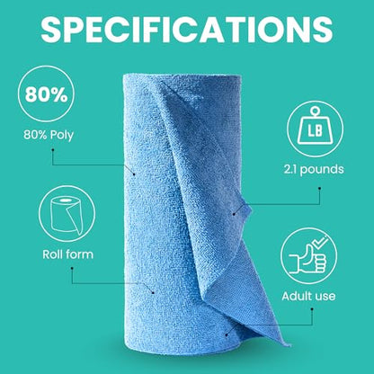 Microfiber Cleaning Cloth Roll Tearaway, 50 PCS Tear Away Towels, Reusable & Washable, Ultra Absorbent 12" x 12" Dish Rags for Car, Home, Kitchen, , 200 GSM Thickness, Paper Towel Alternative - color: Blue