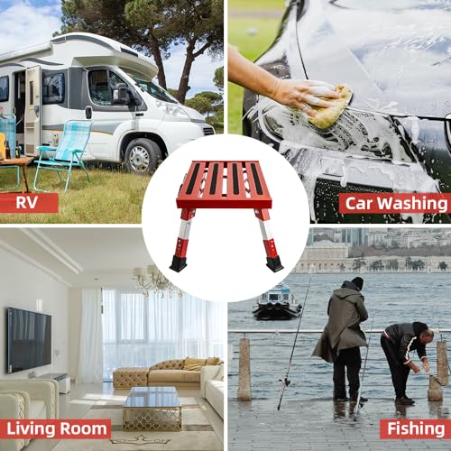 Homeon Wheels Foldable RV Step Stool, Portable Aluminum Platform with Anti-Slip Safety Surface and Handles, Adjustable Height Folding Steps Support Up to 1000 lbs, 16.5" x 11.8", Red - color: Red