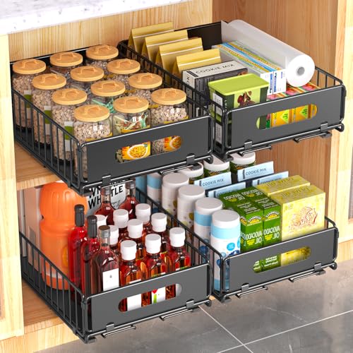 4 Pack Pull Out Cabinet Organizer, Heavy Duty Slide Out Drawer with No Drill Adhesive or Screw Mount, Carbon Steel Roll Out Shelf for Kitchen Cabinet, Pantry & Bathroom Storage - color: Black-4PC, size: 14.8"D X 9.6"W X 3.9"H