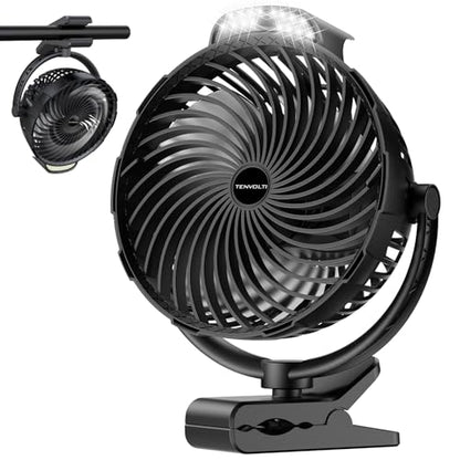 10000mAh Clip on Fan, 8-Inch Golf Cart Fan Rechargeable with LED Light, 9 Speeds Strong Airflow, Ultra Quiet, 30Hrs Runtime, 360° Rotation, Cooling for Bed Camping Office Desk Dorm, Black