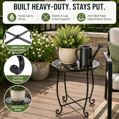 Outdoor Side Table 15 Inch Tall, Tool-Free Metal Patio End Table with Monstera Design, Space Saving Round Stand for Porch Balcony Garden (Monstera) - color: Monstera