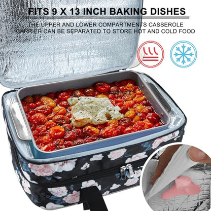 esouler Double Insulated Casserole Carrier Bag Hot & Cold Food Carrier Bag Lasagna Holder Lunch Bag for Picnics, Parties, Travel, Fits 9 x 13 Inches Casserole Dish-Flower - color: Flower, size: 16x10x7.2 in