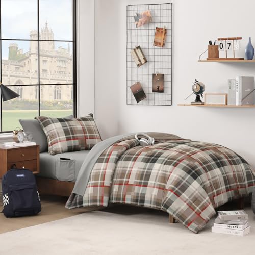 MaiRêve Twin XL Comforter Set, Plaid Design Comforter Set 5 Pieces,Twin XL Comforter for Dorm Farmhouse All Season Lightweight &Comfy with Fitted Sheet, Flat Sheet (Khaki, 66"x90") - color: Khaki, size: Twin XL
