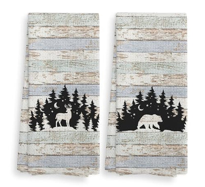 Wild Animal Deer Moose Bear Forest Camping Kitchen Towels and Dishcloths Sets of 2,Campsite Cabin RV Drying Cloth Hand Towels Tea Towels for Bathroom Kitchen,Campers Camping Lovers Gifts,16×24 inches - color: Wild Animal-1