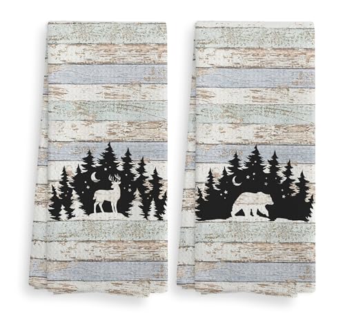 Wild Animal Deer Moose Bear Forest Camping Kitchen Towels and Dishcloths Sets of 2,Campsite Cabin RV Drying Cloth Hand Towels Tea Towels for Bathroom Kitchen,Campers Camping Lovers Gifts,16×24 inches - color: Wild Animal-1