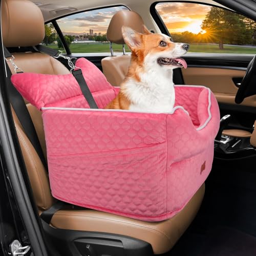 Dog Car Seat - Memory Foam Dog Booster Seat for Small Dogs Up to 25lbs-Elevated Pet Car Seat with Storage Pockets and Dog Seat Belt-Soft Pet Travel Bed for Front & Back Seats-Removable Washable-Pink - color: Pink