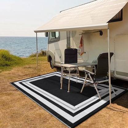 GarveeHome Outdoor Plastic Straw Rug 9x12 Waterproof Patio Rug Reversible Camping Modern Geometric Black/White Panel - color: Black/White Panel, size: 9' x 12' (Rectangular)