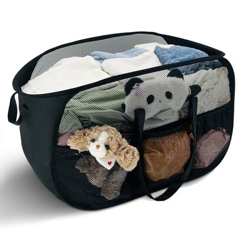 Upgraded Cationic XL Collapsible Laundry Baskets, 100L Extra Large Mesh Pop Up Hamper with Handles and bag, Portable Stair Basket, Dirty Clothes Hamper for Cruise Travel Bedroom. Black - color: Black, size: Single Horizontal