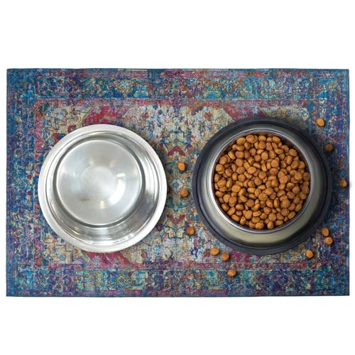 Lovewag Pets Waterproof 2-Pack Pet Feeding Mats - 16" x 24" Premium Cat & Dog Food Mat - Non-Slip, Machine Washable Food Mat Protects Floors & Contains Water Bowl Spills - Place Mats (Bohemian Jewel) - color: Bohemian Jewel
