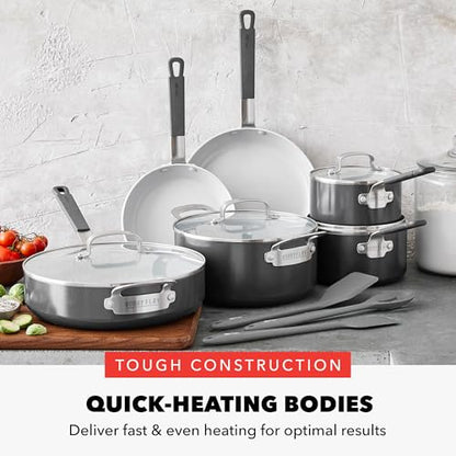 GreenPan x Bobby Flay 13 Piece Nonstick Cookware Pots and Pans Set, PFAS-Free Diamond Ceramic, Induction Suitable, Easy Clean Dishwasher & Oven Safe, Stay-Cool Silicone Handles, Glass Lids, Graphite - color: Graphite