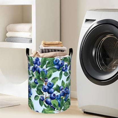 Fresh Blueberry and Green Leaves Laundry Basket with Handles, 19.7"x15.7" Clothes Foldable Laundry Hamper Organizer for Dorm Nursery Bedroom Bathroom Decor, Toy Storage Bin for Kids - style: Blueberry04