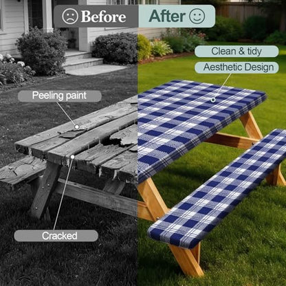 Picnic Table Cover with Bench Covers Camping Essentials Waterproof Windproof Camping Tablecloth with Drawstring Bag, Fitted Rectangle Tables and Seats, 72in, Blue Checkered - color: Blue Checkered, size: 72in
