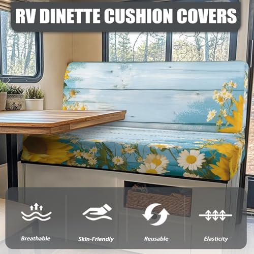 NDISTIN Blue Wood Sunflower RV Dinette Cushion Covers 2 Sets Camper Couch Cushion Covers Dinette with 1 Backrest & 1 Bench Covers Stretch Sofa Furniture Protector for RV Camper Sofa - color: Blue Wood Sunflower