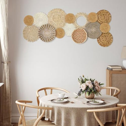 Xuhal 15 Pcs Boho Wall Basket Decor Handcrafted Seagrass Woven Wall Basket Rustic Round Woven Hanging Art for Home Farmhouse Kitchen Table Living Room(Fresh Style) - style: Fresh Style