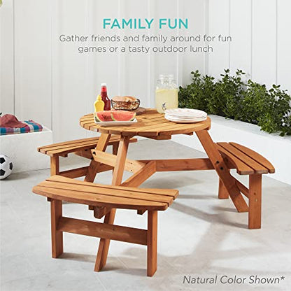 Best Choice Products 6-Person Circular Outdoor Wooden Picnic Table for Patio, Backyard, Garden, DIY w/ 3 Built-in Benches, 500lb Capacity - Walnut Brown - color: Walnut Brown