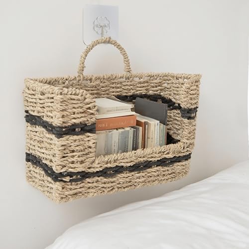 Handmade Seagrass Woven Hanging Basket with Black Cotton Rope - 11.81 x 4.33 x 7.87 Inches - Ideal for Wall Decor & Storage (Rectangular opening) - style: Rectangular opening