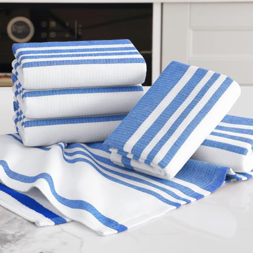 Homaxy Premium Kitchen Towels 18”x 28”, Large Cotton 380 GSM Kitchen Hand Towels, Stripe and Terry Dish Towel, Highly Absorbent Tea Towel Set with Hanging Loop, 6 Pack, Blueberry - color: Blueberry Stripe, style: 6-pack