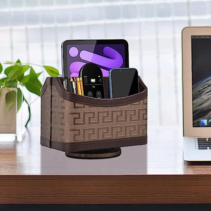 Leather Remote Control Holder 360°Rotatable,Bedside Nightstand Phone Caddy,Office Supplies Storage Box,Desk Organizer for TV Remote Controllers,CD,Pen,Mail,Media Player,Tablets(Coffee Gold) - color: Coffee Gold