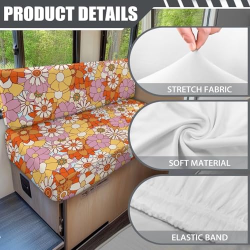 70S 80S Groovy Hippie Daisy Pattern RV Dinette Cushion Slipcovers Stretch Camper Booth Seats Replacement Cover RV Sofa Furniture Protector-Bench & Backrest Covers, 2 Sets - color: 70s 80s Groovy Hippie Daisy