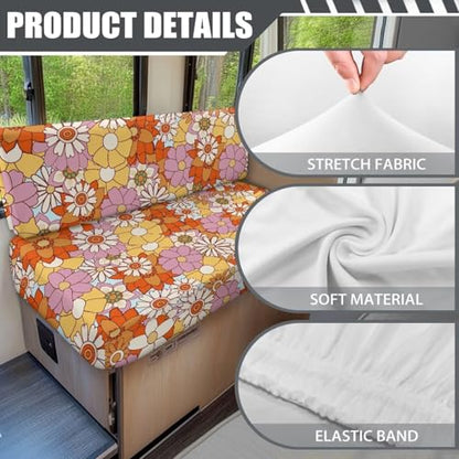 70S 80S Groovy Hippie Daisy Pattern RV Dinette Cushion Slipcovers Stretch Camper Booth Seats Replacement Cover RV Sofa Furniture Protector-Bench & Backrest Covers, 2 Sets - color: 70s 80s Groovy Hippie Daisy