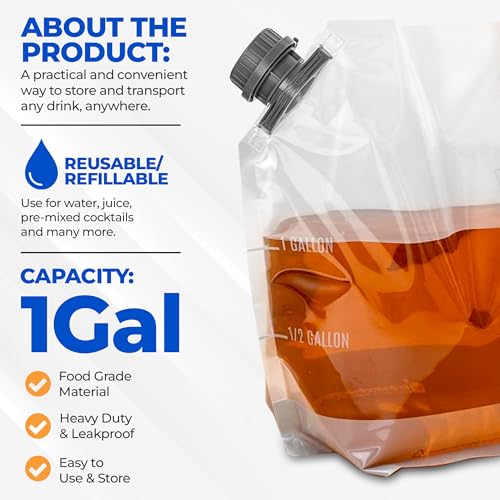 Collapsible Water Container Bottle 1 Gallon Jug – 4 Pack Water Bag Drink Pouches – Portable Empty Gallon Jugs Containers with Lids Caps - Plastic Water Tote Travel Camping & Hiking Hydration Canteens