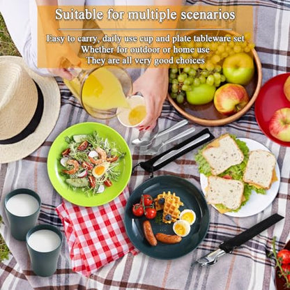 Evanda Camping Cutlery Set, Reusable Light Weight Mug, Plate and Stainless Steel Cutlery Set with Black Bag, Dishwasher Safe - color: 3.4 Person