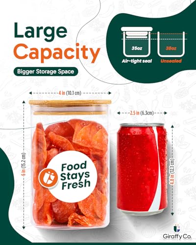 GIRAFFYCO Glass Food Storage Jars with Airtight Lids – Wide Mouth Pantry Containers, Thick BPA-Free Glass, Moisture & Insect Resistant, Customizable Labels Included – 38 oz (Set of 6) - size: Set of 6 - 38 oz