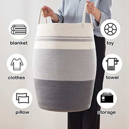 OIAHOMY Laundry Hamper Woven Rope Large Clothes Hamper 25.6" Height Tall Laundry Basket with Extended Handles for Storage Clothes Toys in Bedroom, Bathroom, Foldable (Dark Grey) - color: Dark Grey