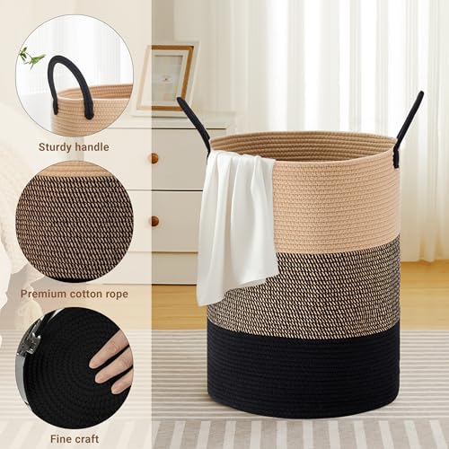 72L Large Tall Cotton Rope Laundry Basket with Handles, Brown & Black - color: Brown & Black, size: 72L