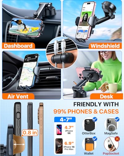 HTU 2026 Ultimate Best【True Military-Grade & Safety Cert】Car Phone Holder【Upgraded 360 Rotation & 100+LBS Strongest Suction】5-in-1 Truck Windshield Dashboard Vent Mount Stand for iPhone Android, Green - color: Green
