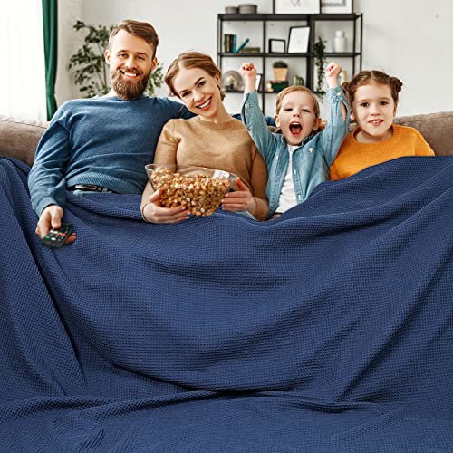 PHF 100% Cotton Waffle Weave Family Blanket Oversized King 120"*120", Pre-Washed Lightweight Breathable, Machine Washable,10'x 10' Huge Extra Large Big, Home Decoration Gift - Navy Blue/Bright Blue - color: Navy Blue/Bright Blue, size: Oversized King(120"