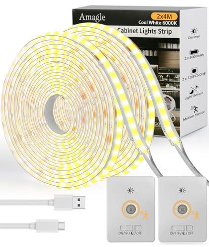 Under Cabinet Lighting Wireless, 2 Pack 5000mAh 13FT COB Motion Sensor Led Light Strips Indoor, Rechargeable Battery Powered Motion Activated Stair Shelf Closet Cabinet Counter Led Strip Tape Lights