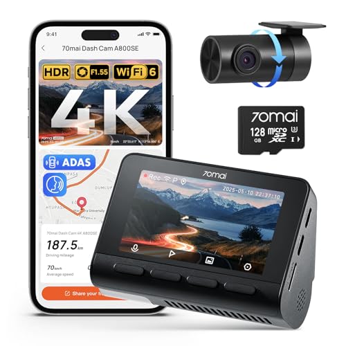 70mai 4K Dash Cam Front and Rear, Built in Wi-Fi 6 & GPS Car Camera, Super Night Vision, ADAS, 3'' IPS Screen, 24H Parking Mode, Time-Lapse, Loop Recording, with 128GB Card (A800SE) - size: A800SE-1
