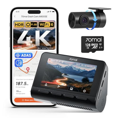 70mai 4K Dash Cam Front and Rear, Built in Wi-Fi 6 & GPS Car Camera, Super Night Vision, ADAS, 3'' IPS Screen, 24H Parking Mode, Time-Lapse, Loop Recording, with 128GB Card (A800SE) - size: A800SE-1