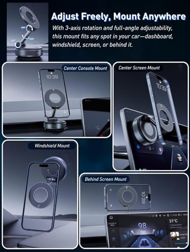 Magnetic Suction Cup Phone Mount for Magsafe | 360° Adjustable, Pocket Size Foldable, Car Mount, iPhone 17 16 15 14 13 12 Series
