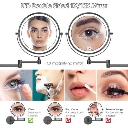 Rocollos Rechargeable Wall Mounted Lighted Makeup Mirror, 8 Inch Double-Sided LED Vanity Mirror 1X/10X Magnification,3 Color Lights Touch Screen Dimmable 360°Swivel 13 Inch Extendable - color: 8 Inch Black