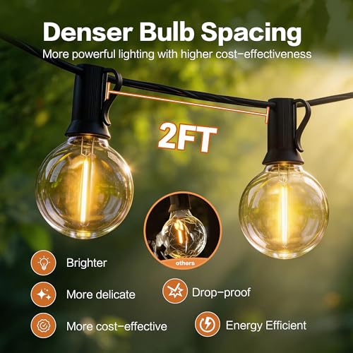 Outdoor String Lights 100FT with 50+2 G40 LED Bulbs, Shatterproof & Waterproof Patio Lights, Connectable Globe String Lights for Backyard Porch Deck Bistro Garden Party - size: 100FT